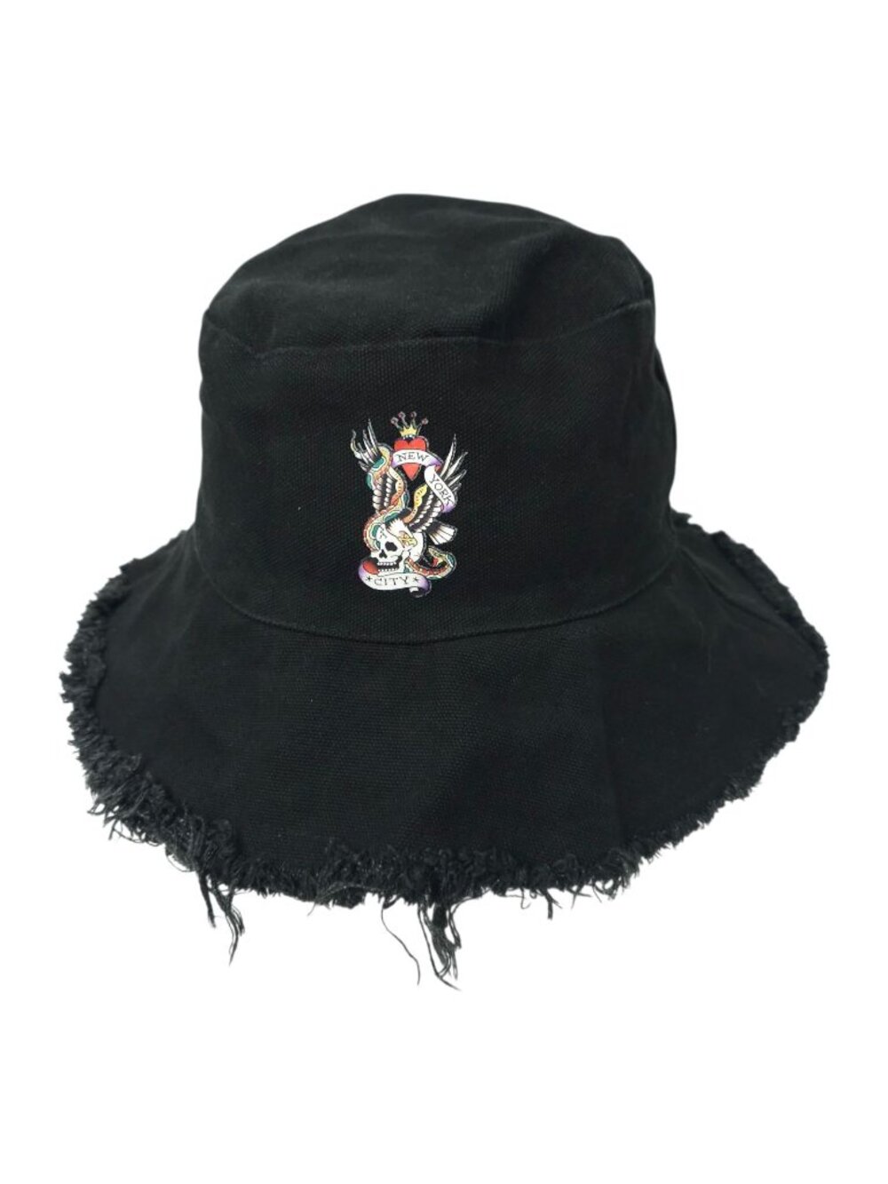 Ed Hardy Black Frayed Denim Bucket Hat Size 57cm New With Defects Y2K Cap Grunge